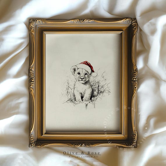 Cute Baby Lion With Santa Hat Sketch Neutral Christmas Nursery Wall Decor Vintage Winter Wall Art Lion Drawing Prints