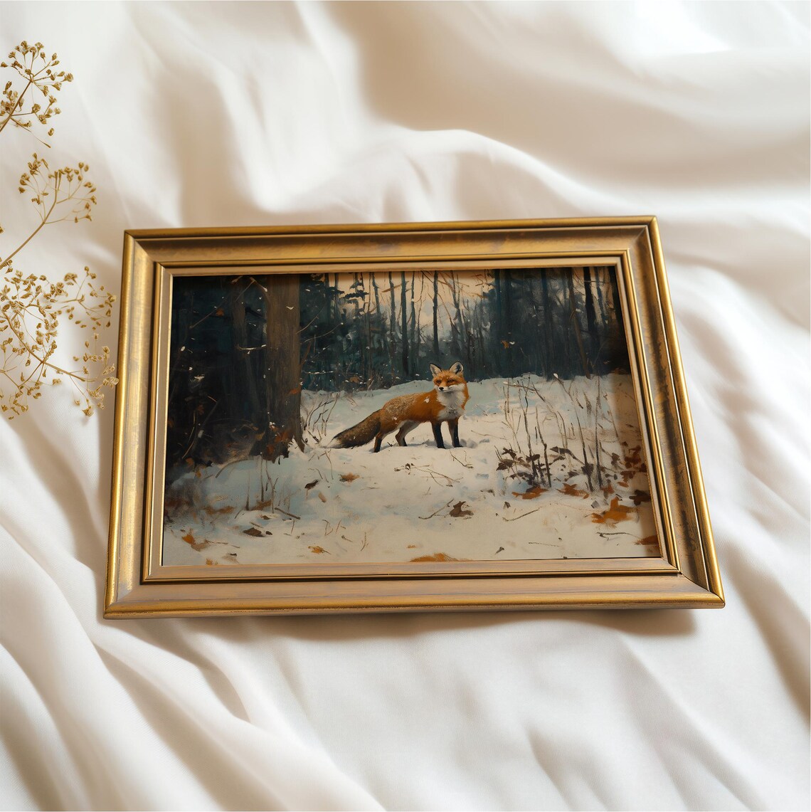 Red Fox Standing In Snowy Woodland Vintage Oil Painting Rustic Wildlife Print - Image 2
