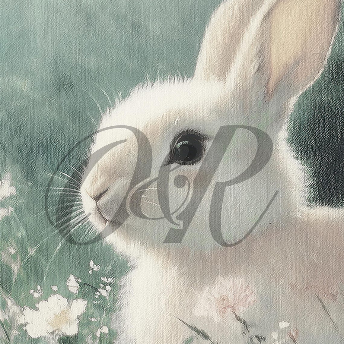 White Bunny in Sage Meadow Wildflowers Dreamy Vintage Nursery Wall Art - Image 5