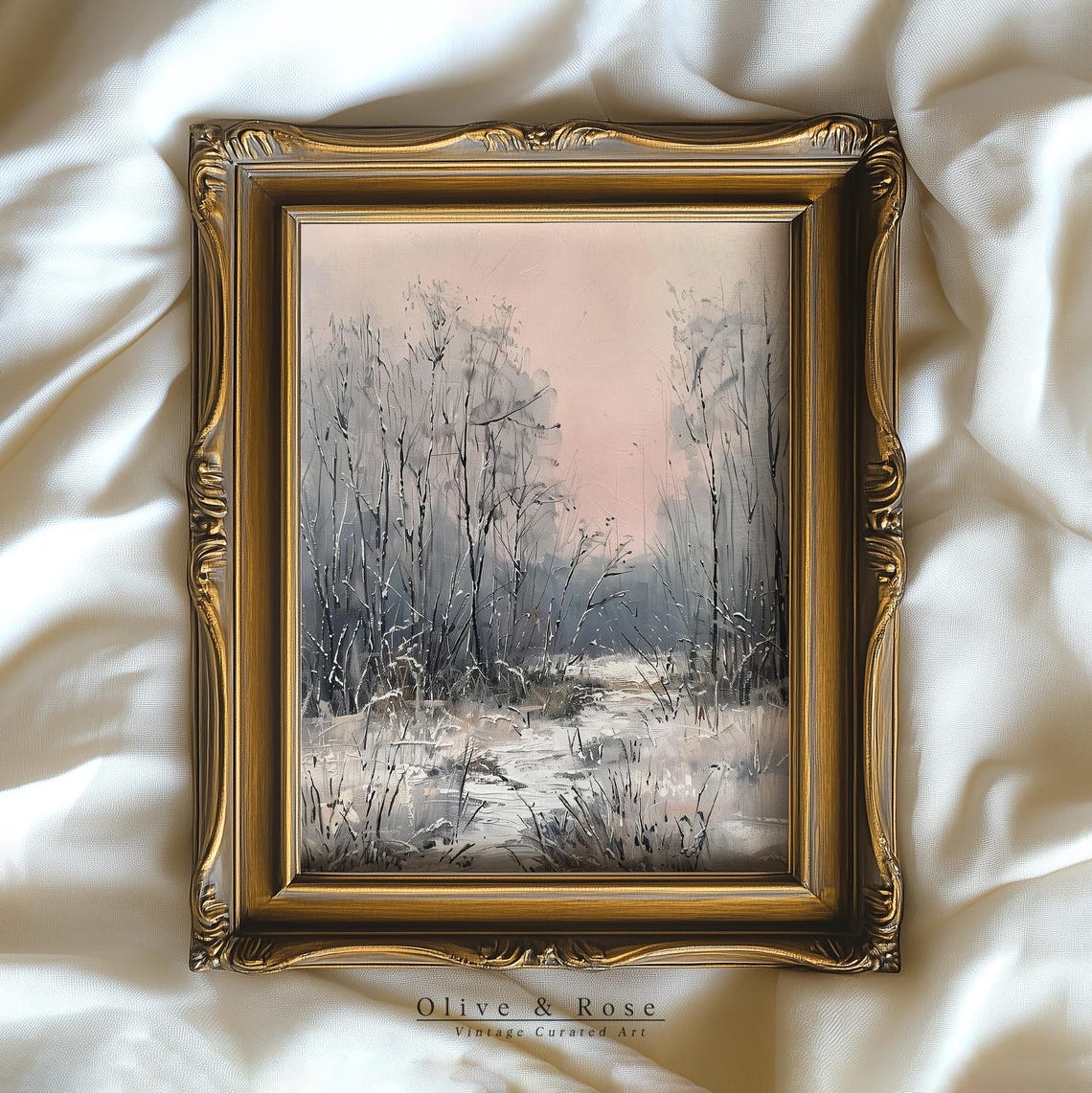 Soft Pastel Winter Forest Blush Sky Snowy Path Vintage Painting Poster