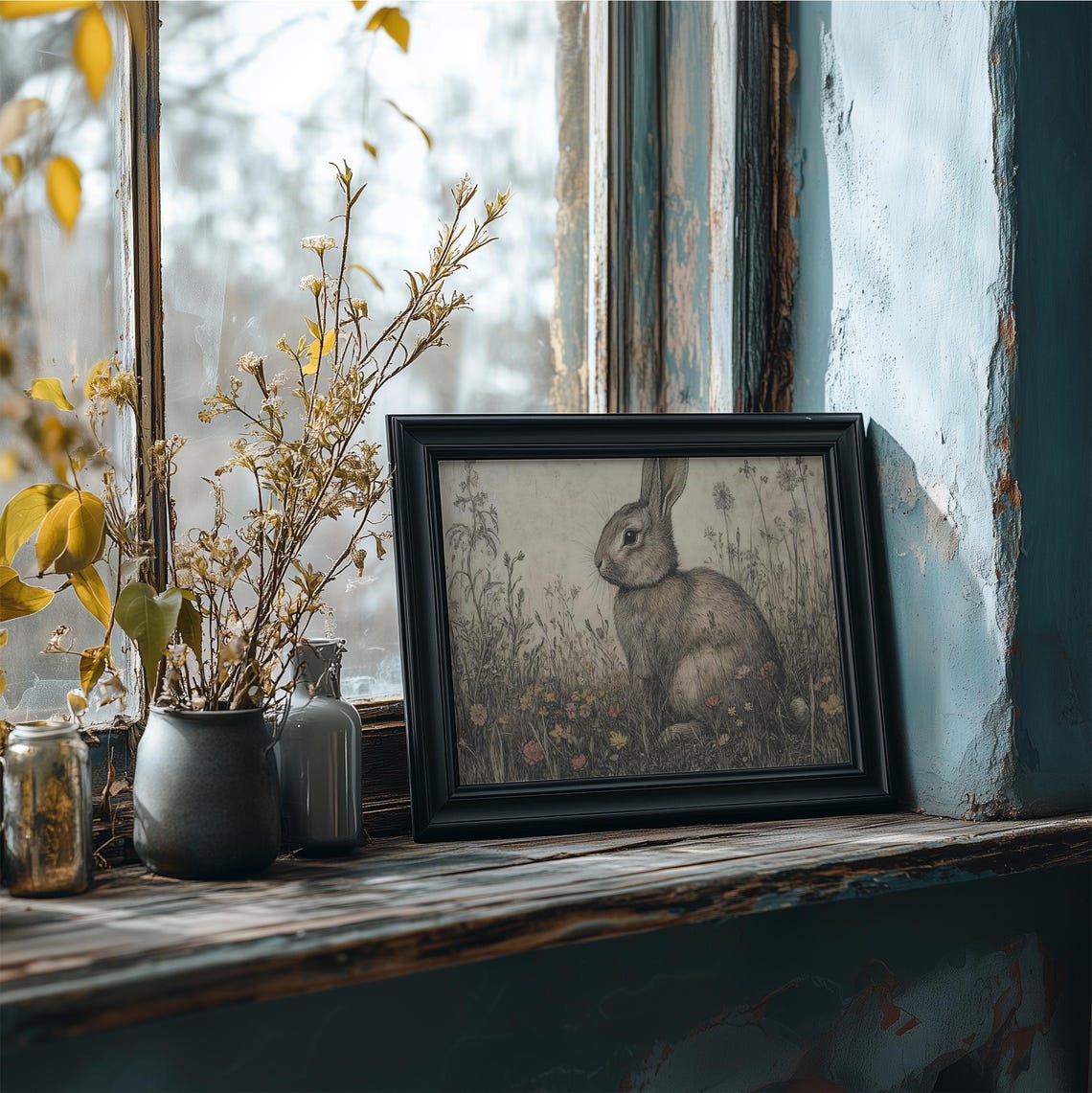 Vintage Easter Bunny In Wildflower Meadow Print Cute Rabbit Painting Wall Art Neutral Bunny Spring Decor Beige Prints - Image 4