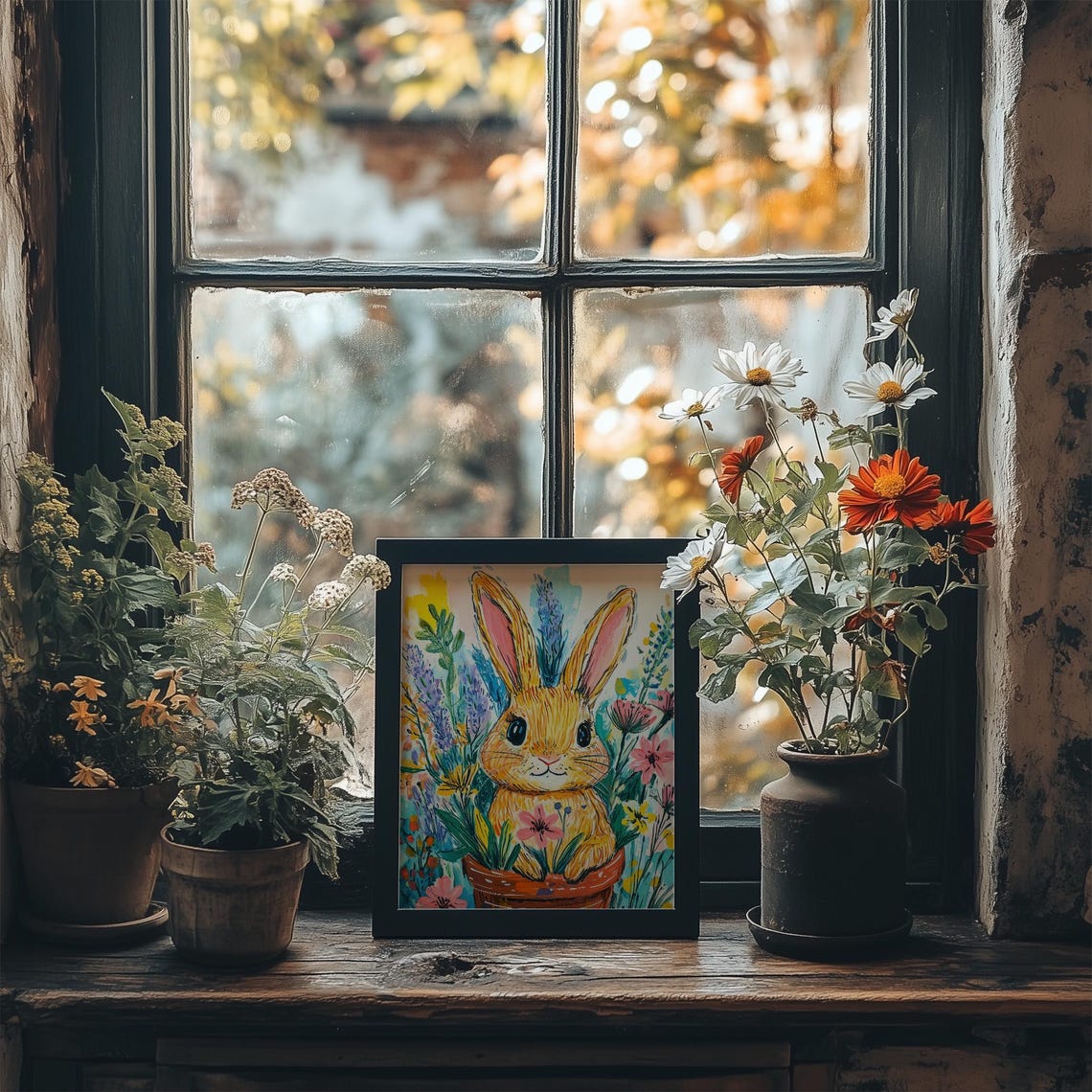 Colorful Easter Bunny In Pot Print Cute Vibrant Rabbit Painting Wall Art Spring Nursey Pastel Decor Floral Prints - Image 3
