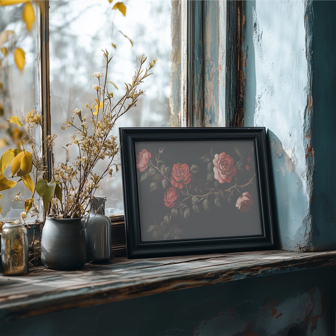 Classic Red Roses Thorny Vine Black Vintage Romantic Floral Art Poster - Image 4