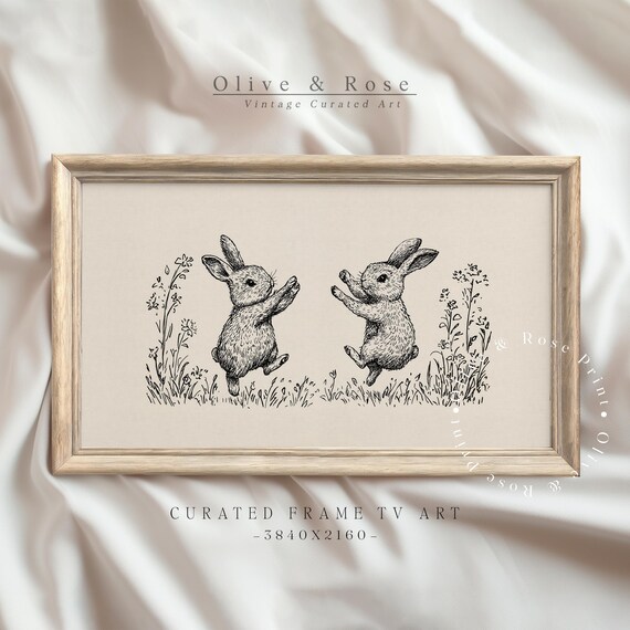 Two Dancing Bunnies Vintage Ink Line Drawing Wildflowers Neutral Nursery Poster