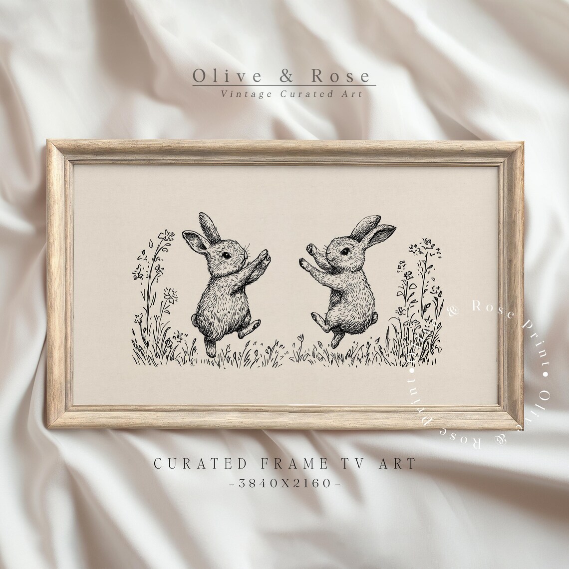 Two Dancing Bunnies Vintage Ink Line Drawing Wildflowers Neutral Nursery Poster