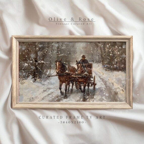 Vintage Winter Sleigh Ride Frame Tv Art Rustic Christmas Screensaver Neutral Moody Landscape Painting Frame Tv Neutral Xmas Decor