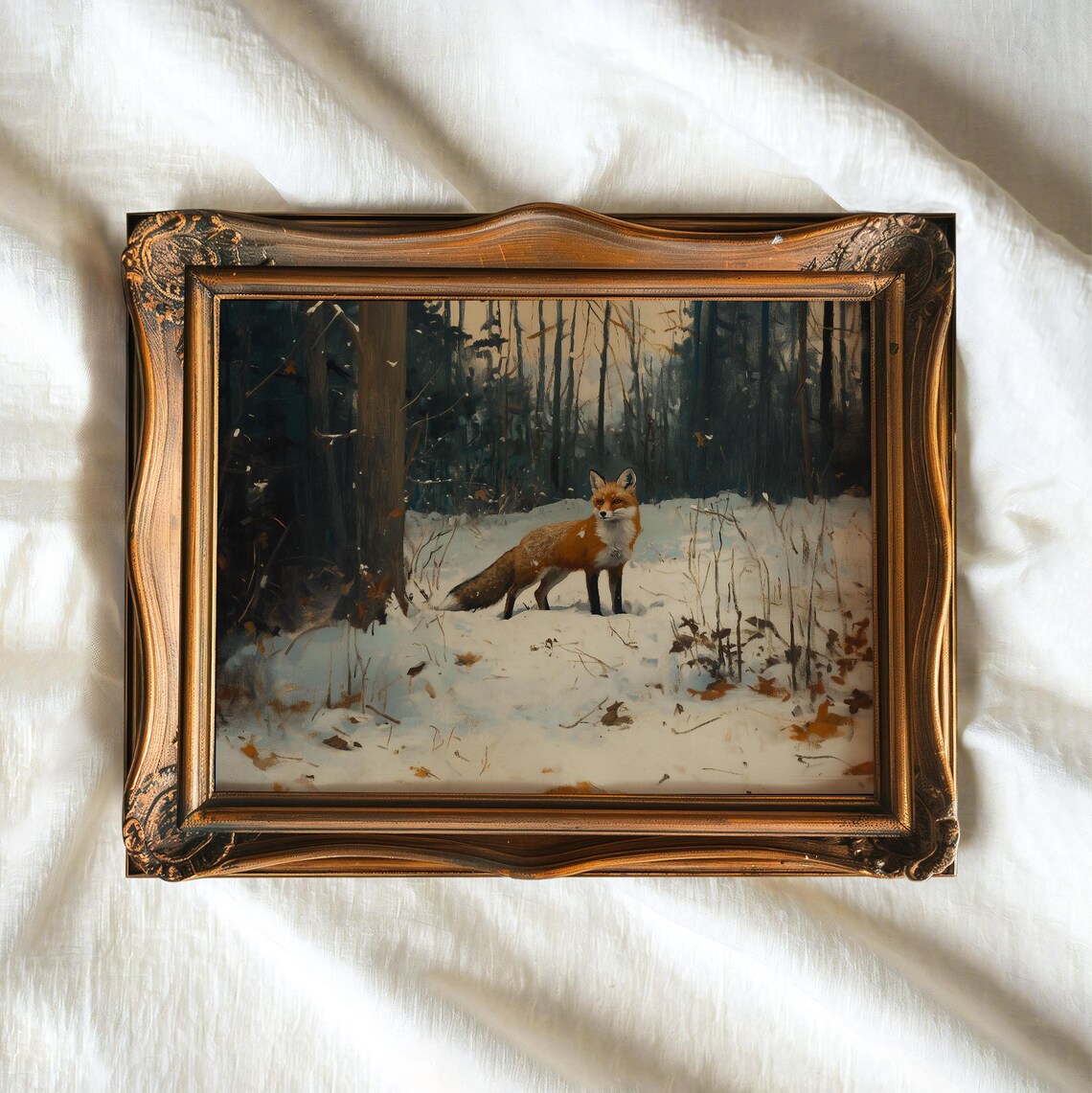 Red Fox Standing In Snowy Woodland Vintage Oil Painting Rustic Wildlife Print - Image 3