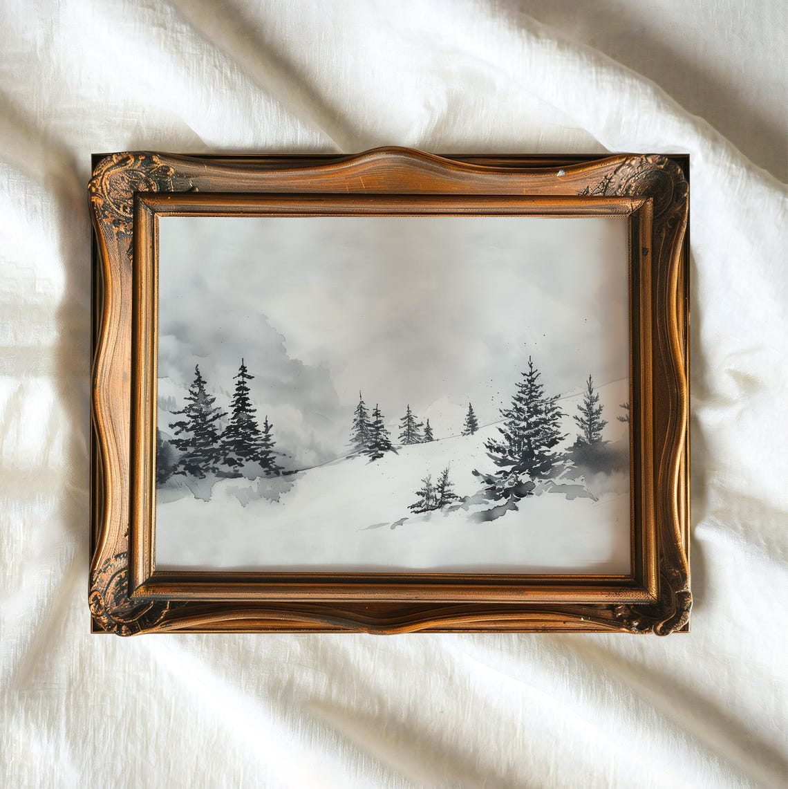 Monochrome Pine Forest Misty Snowy Hillside Watercolor Art Poster - Image 2
