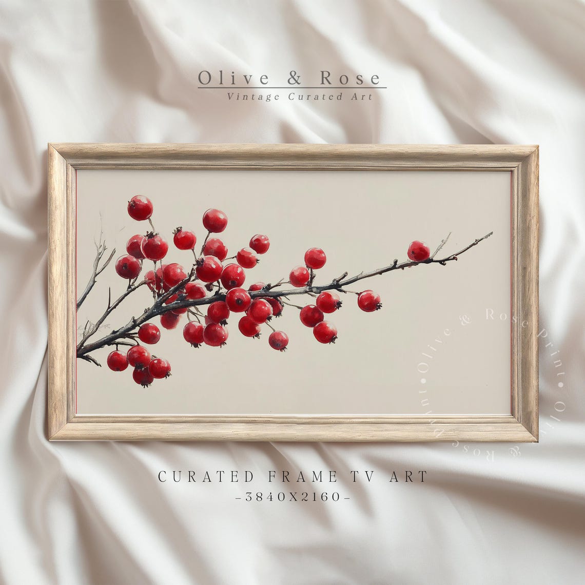 Winter Red Berry Branch Minimalist Watercolor Neutral Holiday Poster