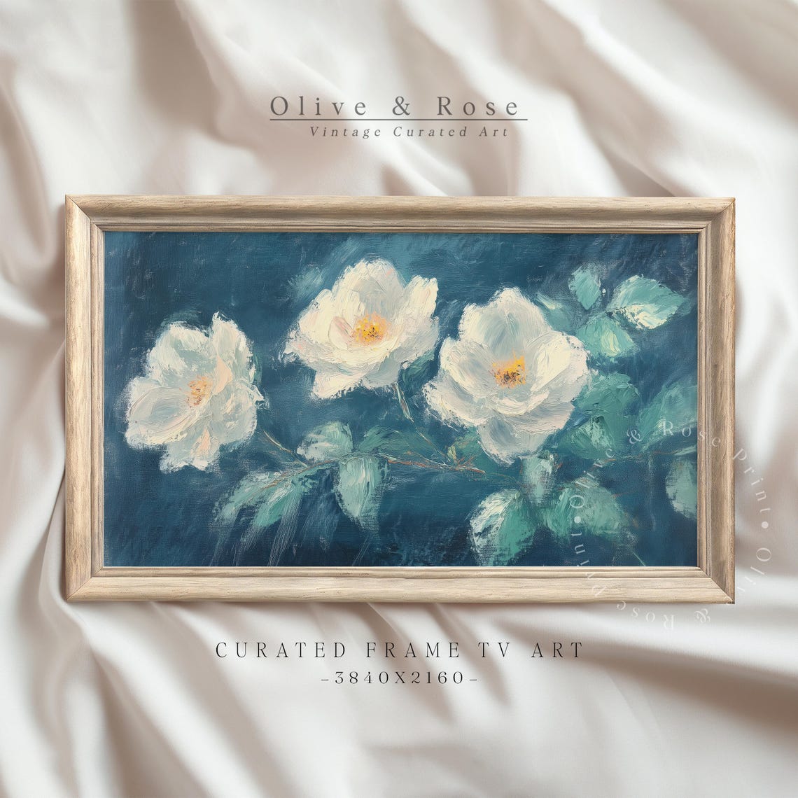 White Roses Golden Centers Teal Background Moody Vintage Oil Print