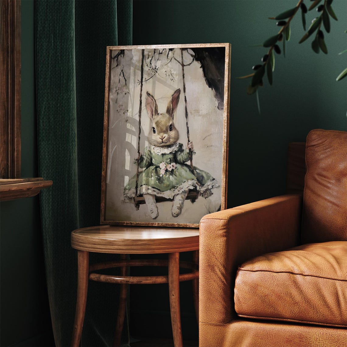 Vintage Easter Bunny On A Swing Print Cute Spring Rabbit Painting Wall Art Bunny In Green Dress Prints Easter Decor - Image 2
