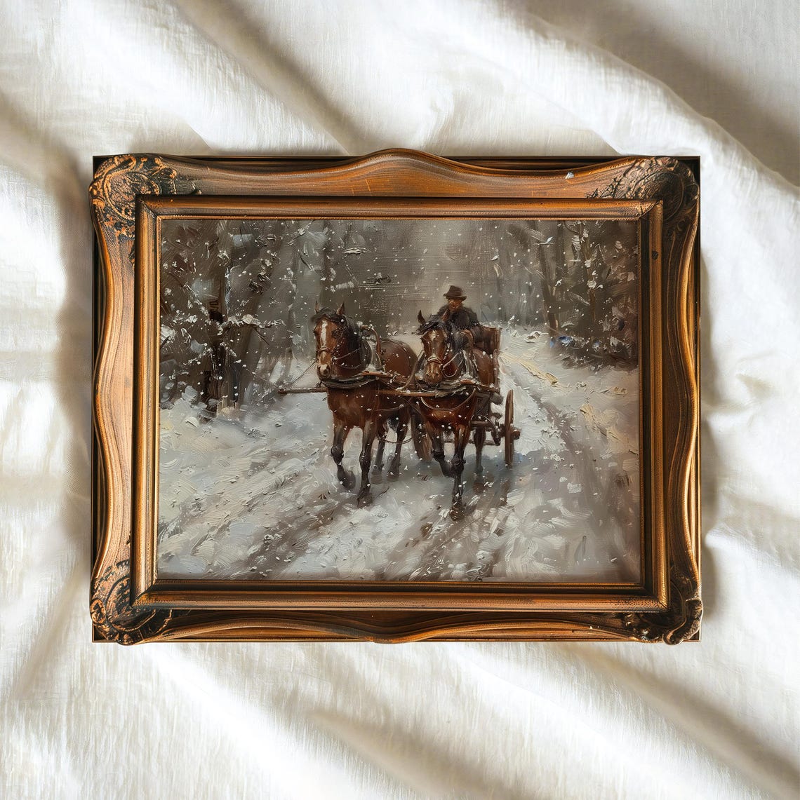 Vintage Horse Drawn Sleigh Snowy Forest Road Moody Winter Scene Poster - Image 3