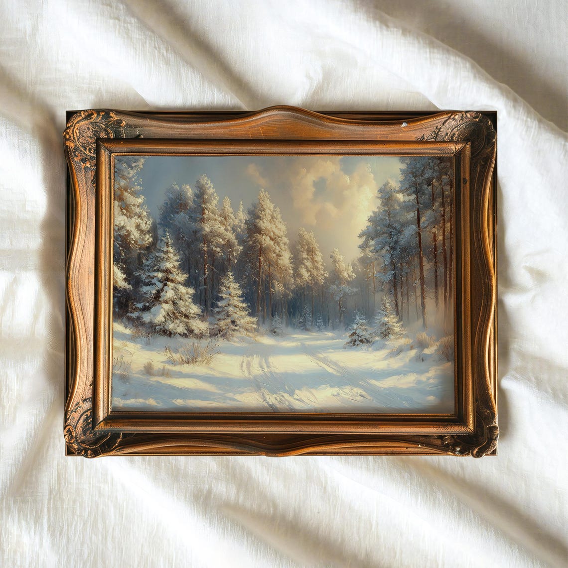 Sunlit Snowy Pine Forest Clearing Golden Light Winter Landscape Poster - Image 3