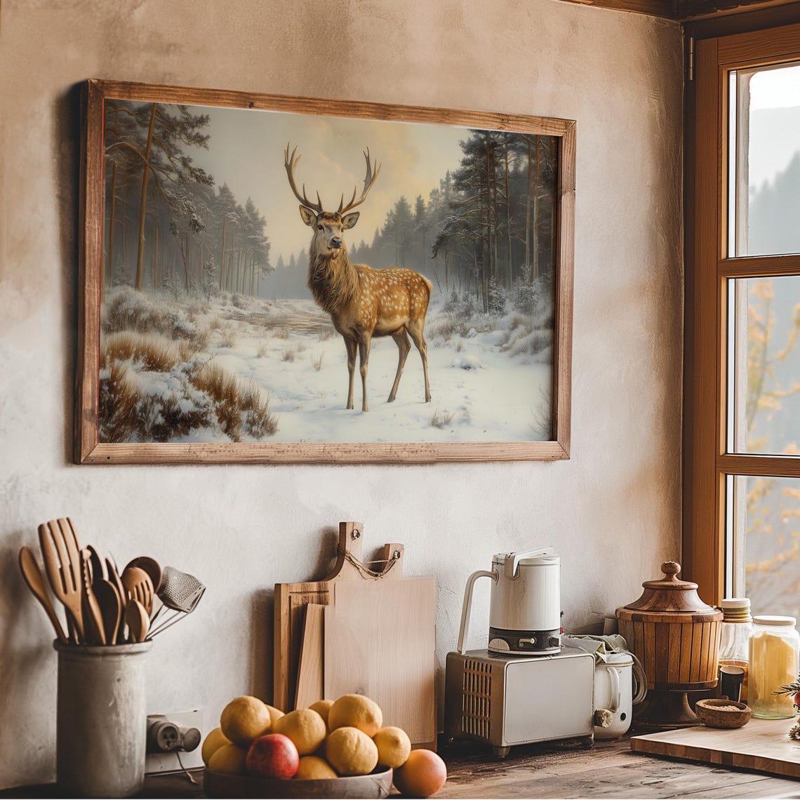Vintage Reindeer In Snow Frame Tv Art Deer Oil Painting Winter Frame Tv Art Country Farmhouse Screensaver Woodland Animal - Image 3