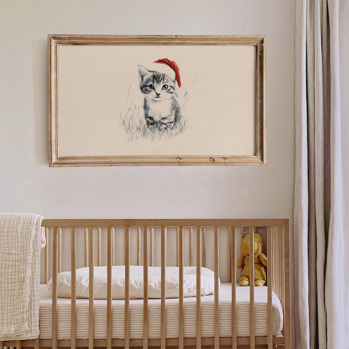 Sweet Kitten In Santa Hat Sketch Neutral Vintage Christmas Wall Art - Image 2
