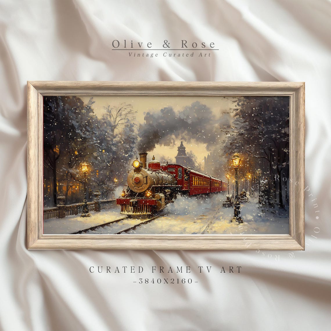 Christmas Express Steam Train Snowy Night Station Vintage Art Poster
