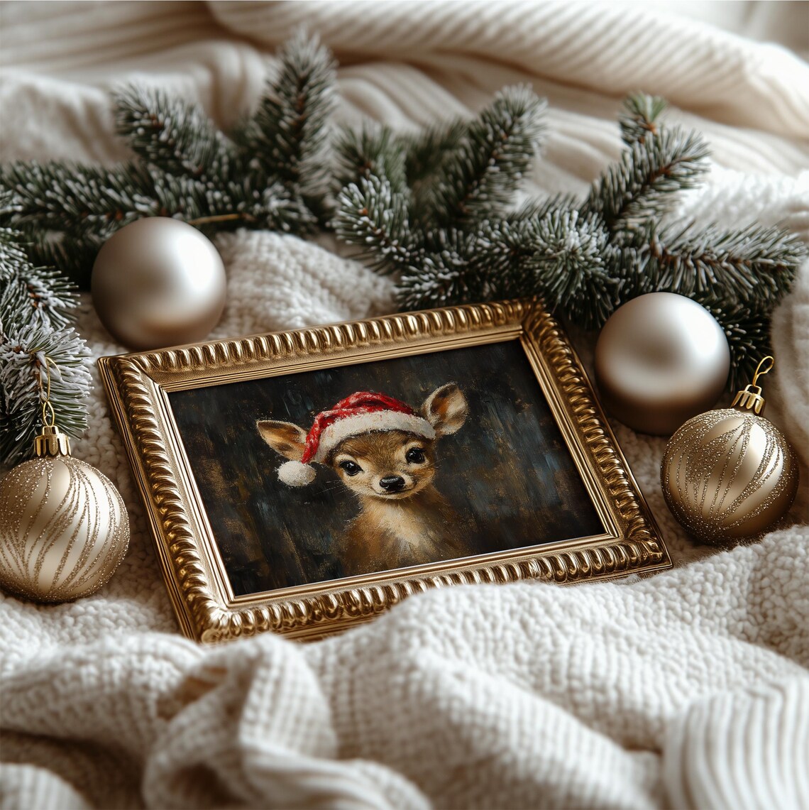 Cute Baby Deer Santa Hat Oil Painting Christmas Animal Wall Art Poster - Image 4