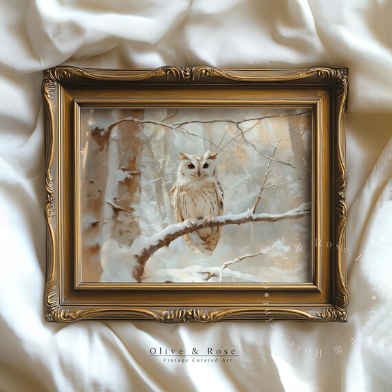 White Owl On Snowy Branch Winter Forest Antique Oil Painting Wall Art Poster