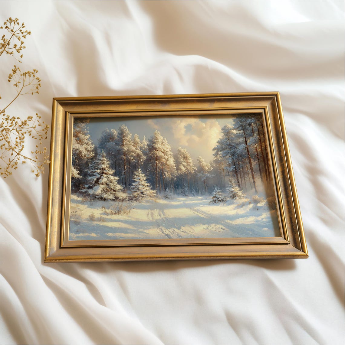 Sunlit Snowy Pine Forest Clearing Golden Light Winter Landscape Poster - Image 2