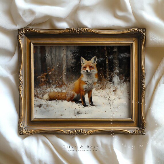 Majestic Red Fox In Snow Vintage Wildlife Oil Painting Rustic Winter Wall Art
