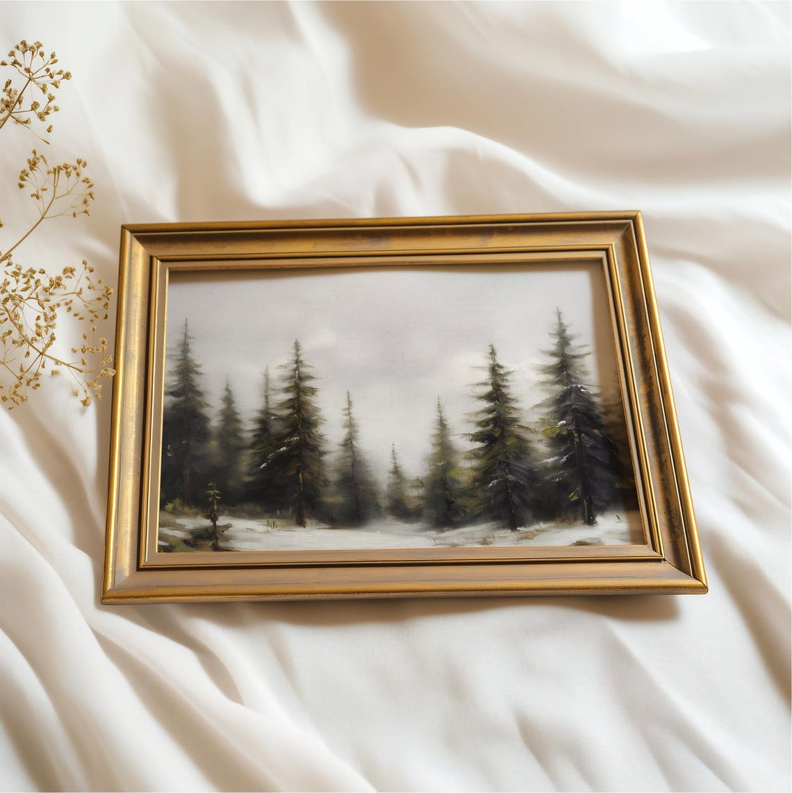 Misty Snowy Pine Forest Vintage Winter Landscape Oil Painting Poster - Image 3
