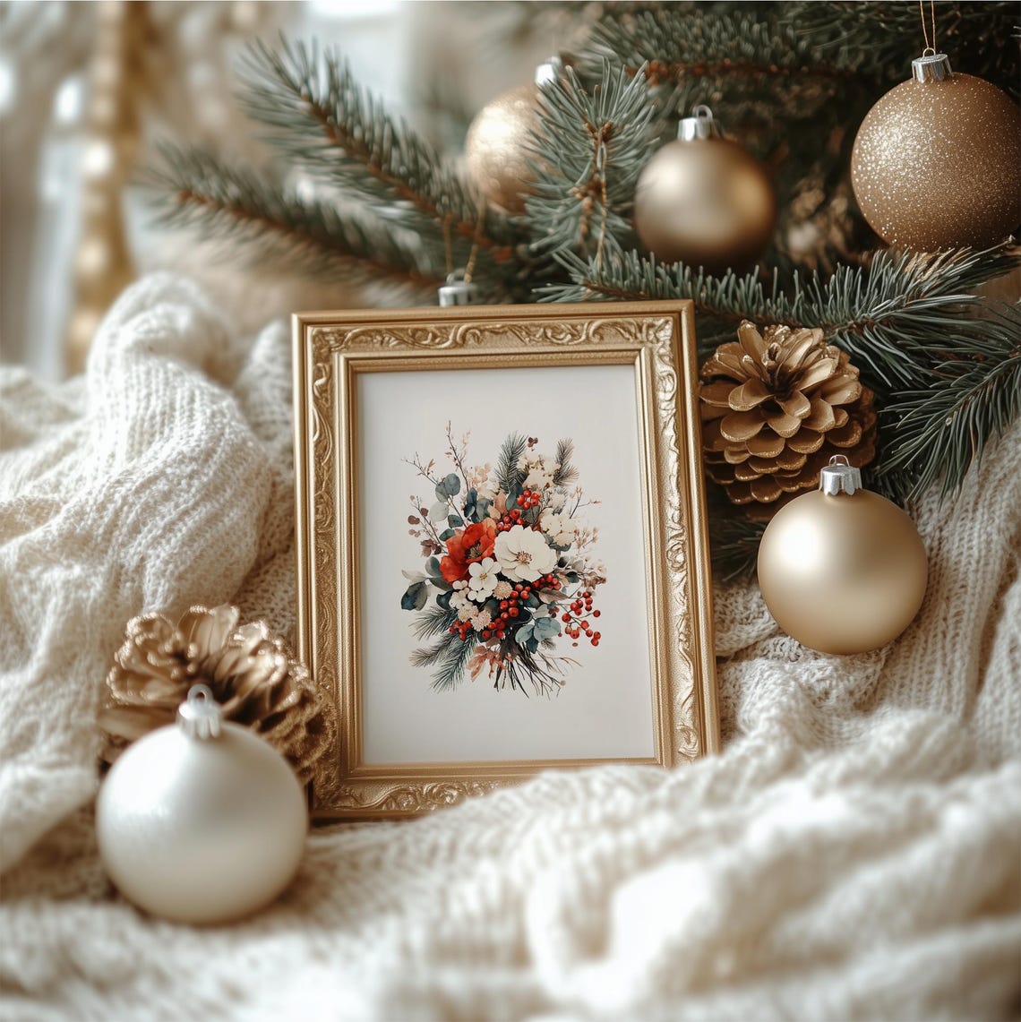 Vintage Winter Floral Bouquet Red Berries Eucalyptus Holiday Wall Art - Image 3