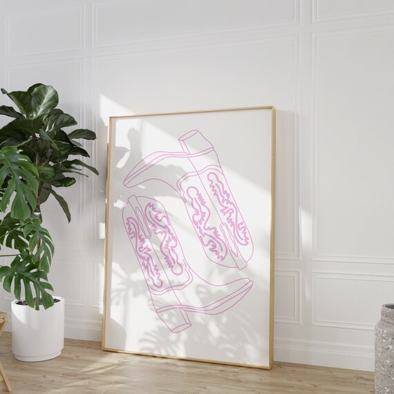 Pink Cowgirl Boots Line Art Preppy Western Rodeo Decor Poster