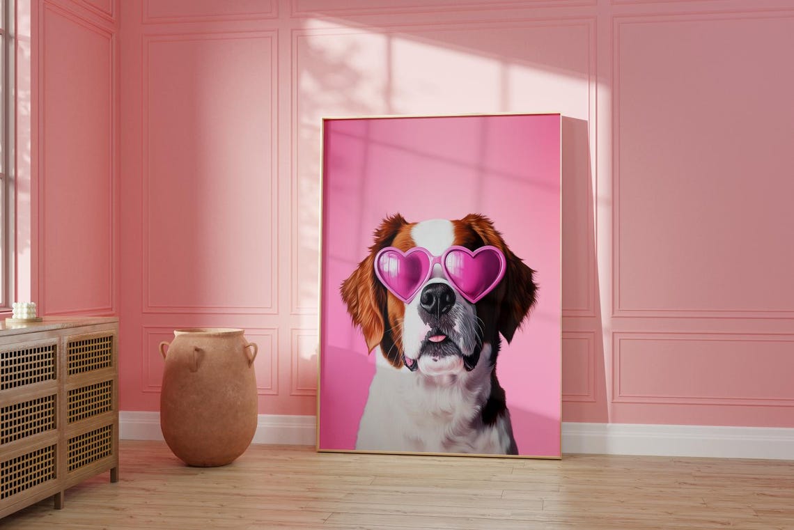 Saint Bernard With Pink Heart Sunglasses Preppy Dog Art Poster