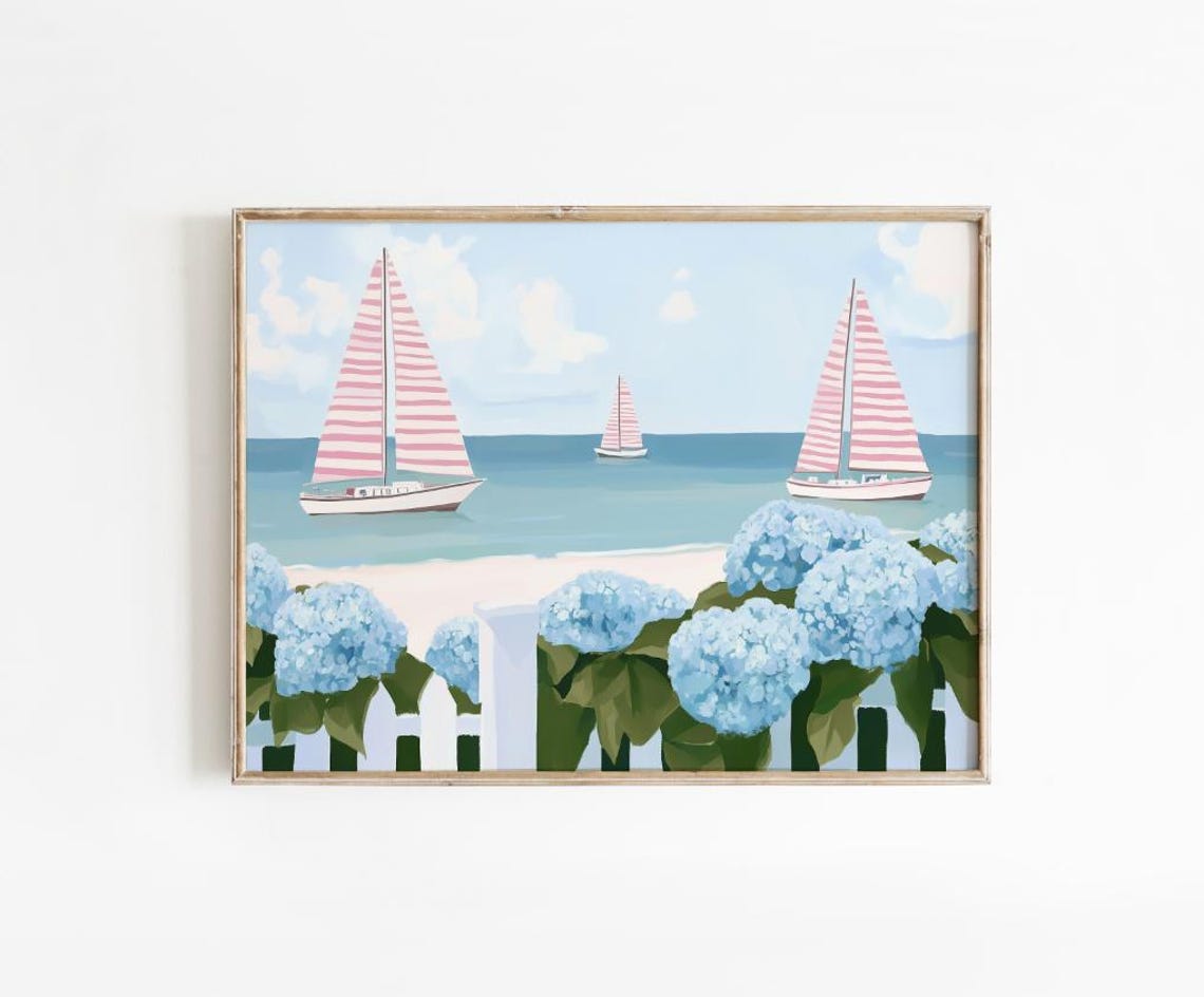 Coastal Sailboats Hydrangeas and Picket Fence Pastel Beach Poster