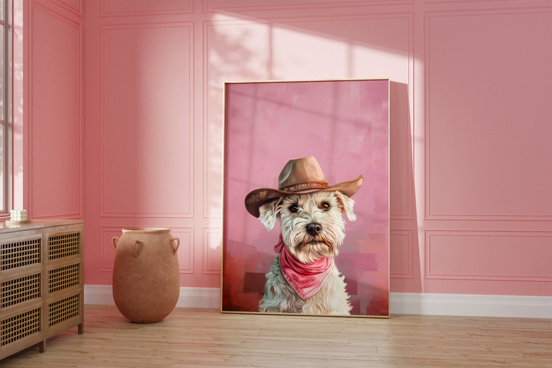 White Schnauzer Cowboy Hat Portrait with Pink Bandana Poster