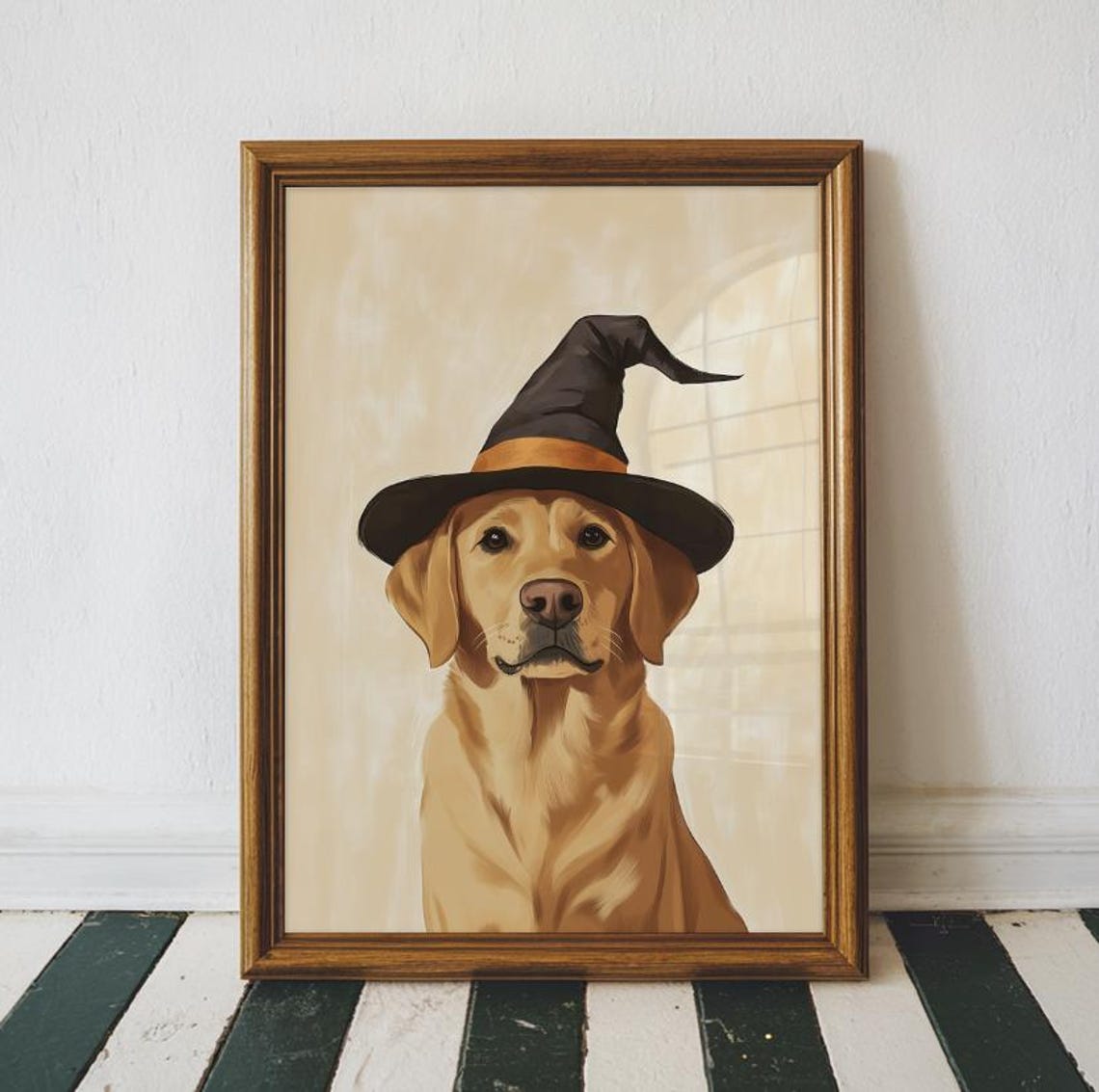 Halloween Yellow Labrador Witch Hat Print Neutral Cute Trendy Wall Art Autumn Fall