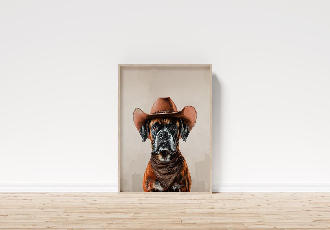 Boxer Dog in Cowboy Hat and Bandana Western Funny Pet Portrait Poster