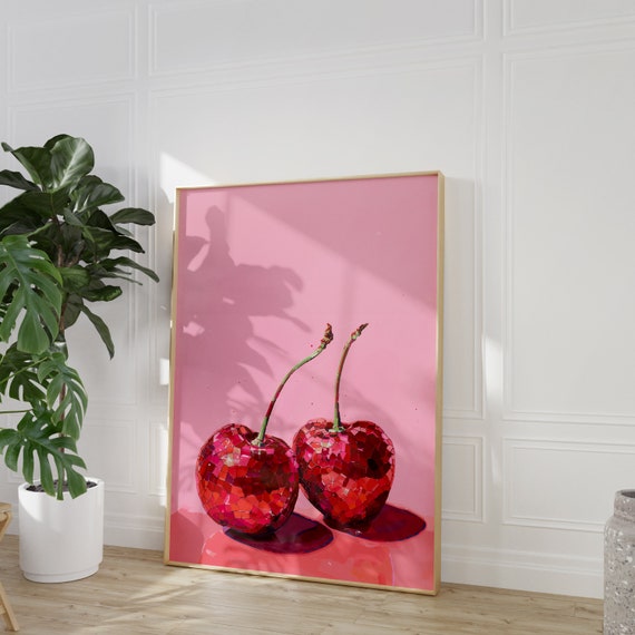 Retro Disco Cherry Print Fruit Pink Print Vintage Art Coquette Wall Art Girly Preppy Trendy Wall Art Disco Ball Print Disco Fruit
