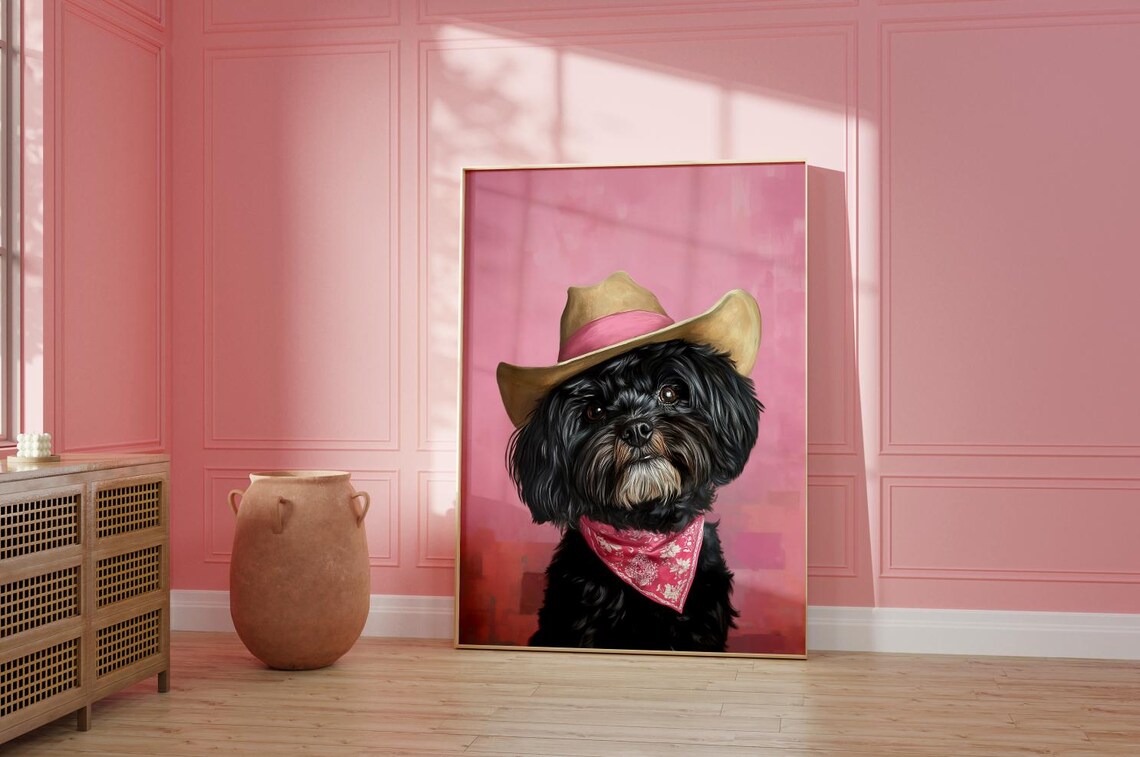 Fluffy Black Puppy in Tan Cowgirl Hat Pink Western Art Poster - Image 2