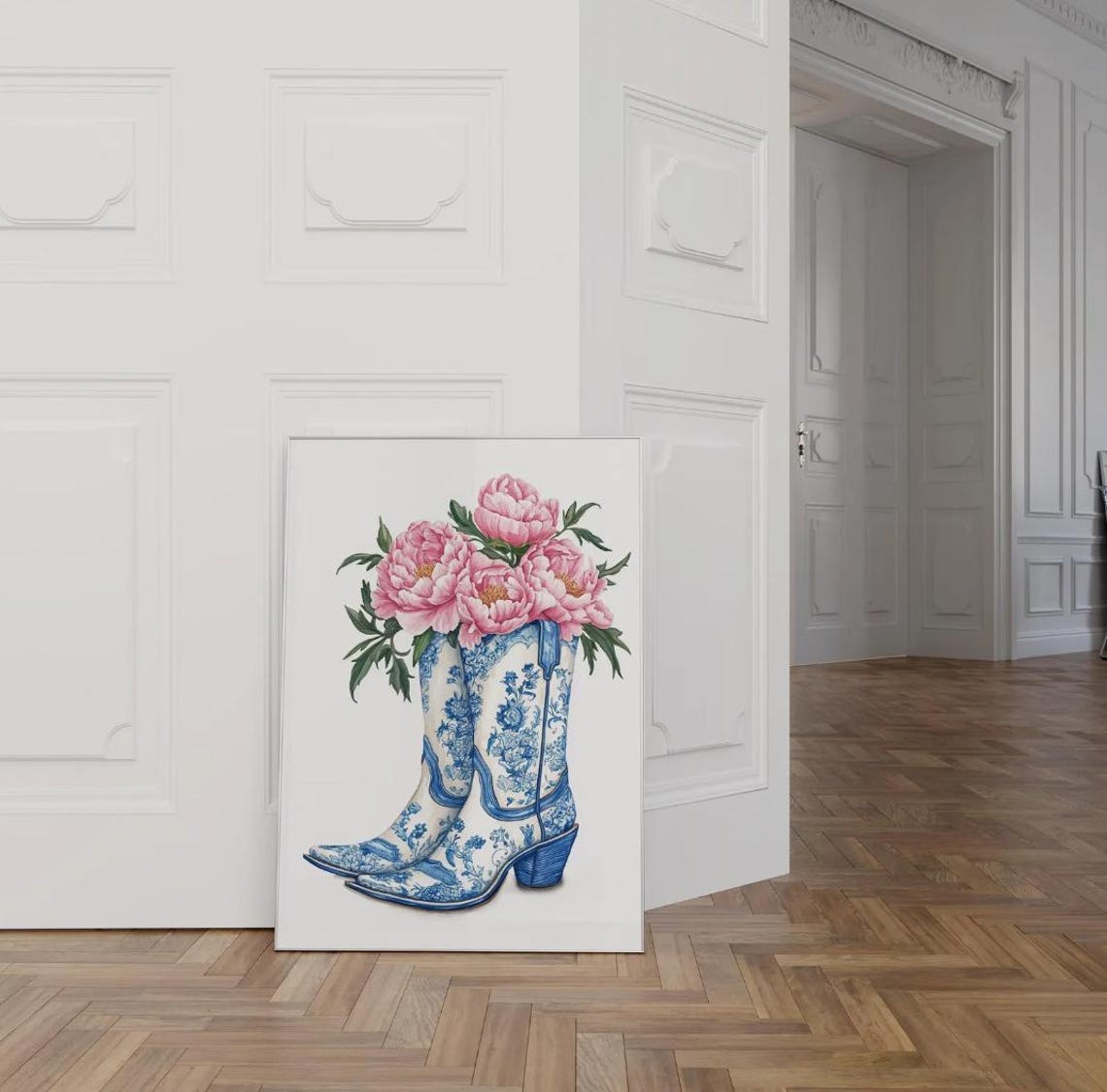 Chinoiserie Blue Porcelain Cowboy Boots with Pink Peonies Poster - Image 2