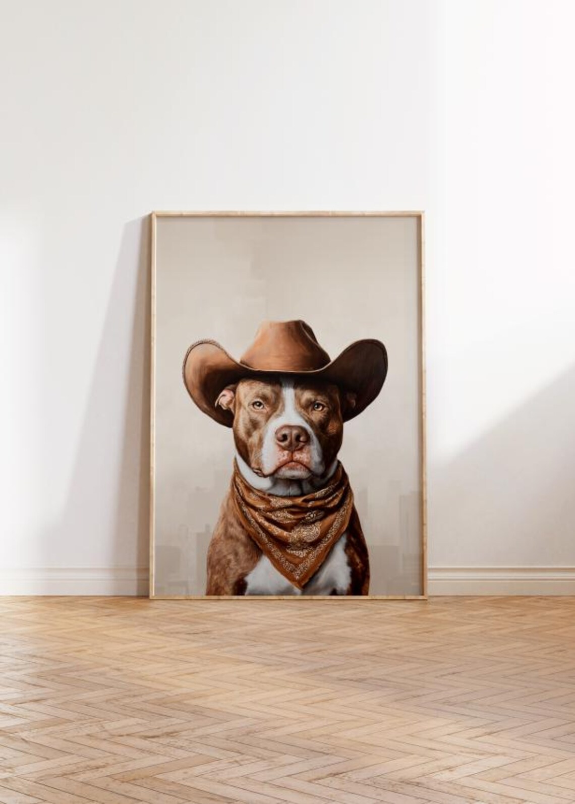 Pitbull Cowboy Art Print, Western Neutral Aesthetic