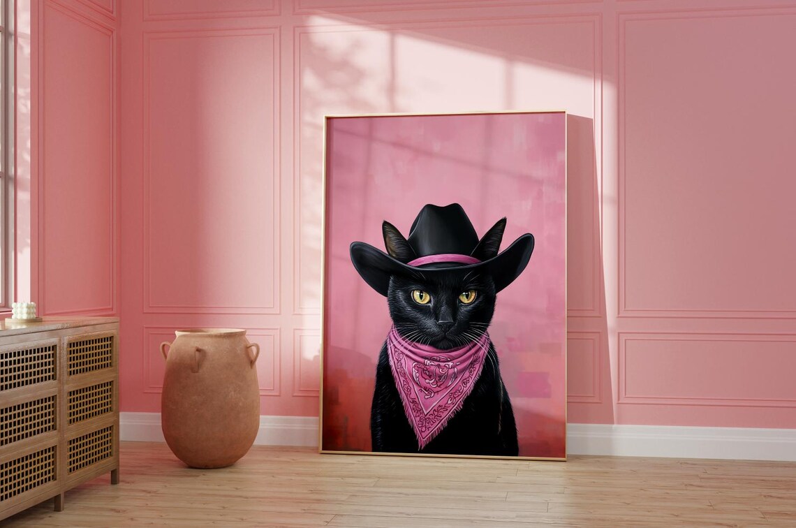 Black Cat Cowgirl Hat Vintage Western Art Print - Image 2