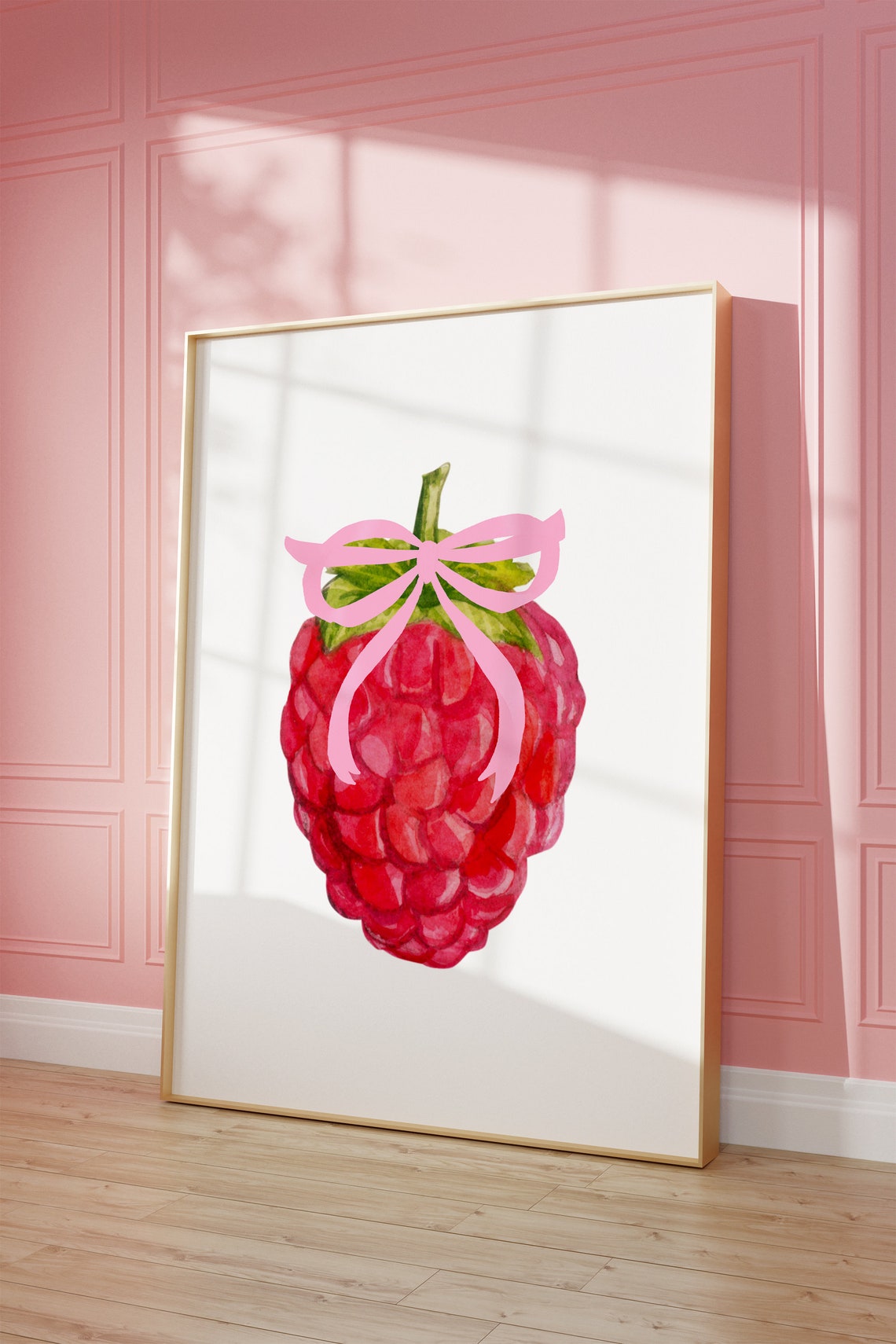 Sweet Watercolor Raspberry With Pink Bow Coquette Fruit Poster