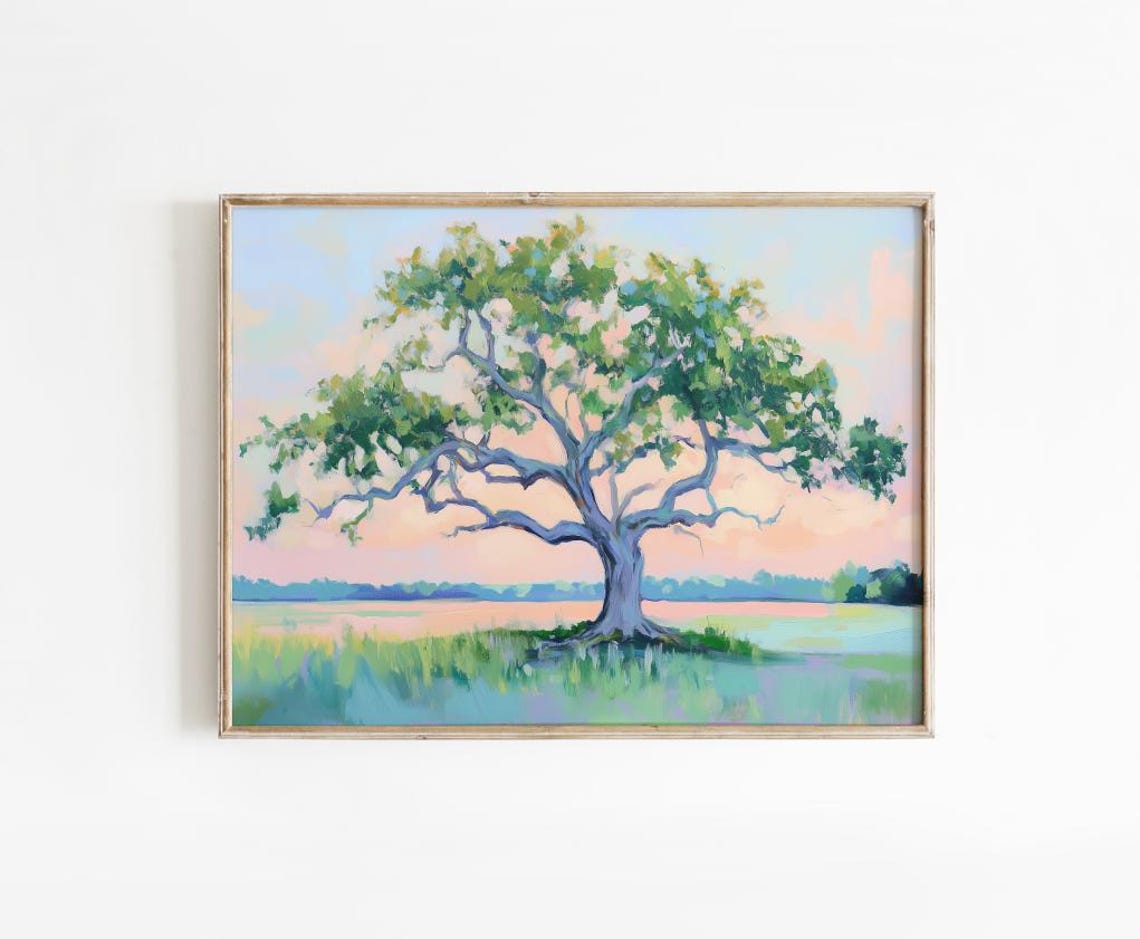 Pastel Live Oak Tree Print Southern Wall Art