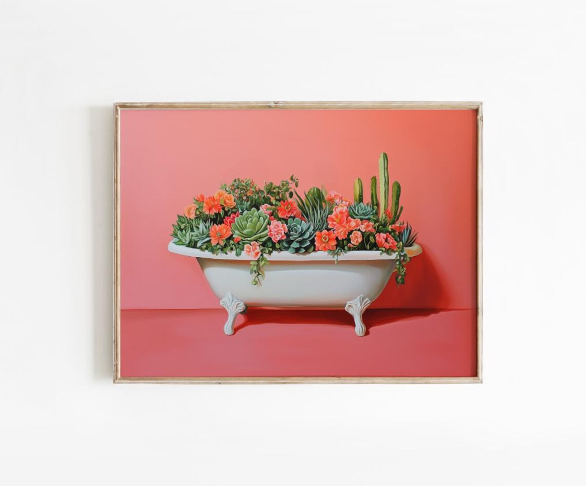Succulent Clawfoot Bathtub Garden Blooming Coral Floral Art Poster