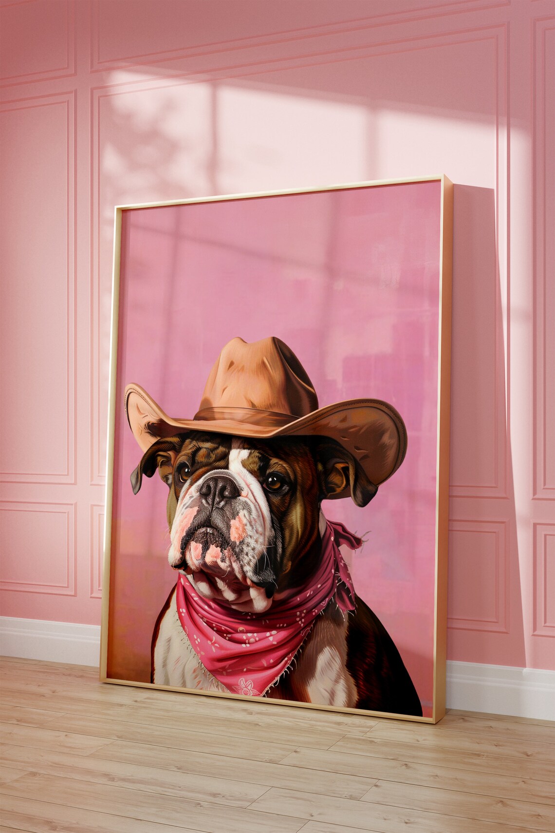 Brown Bulldog in Cowboy Hat Pink Western Pet Portrait Poster - Image 2