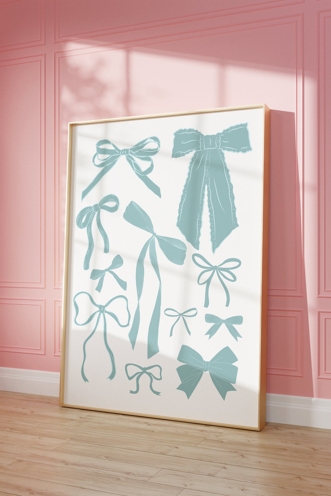 Dusty Blue Ribbon Bow Illustrations Collage Trendy Art Poster