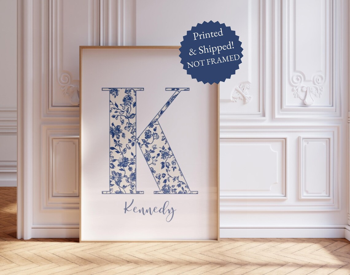 Custom Initial Chinoiserie Monogram Poster, Preppy Blue