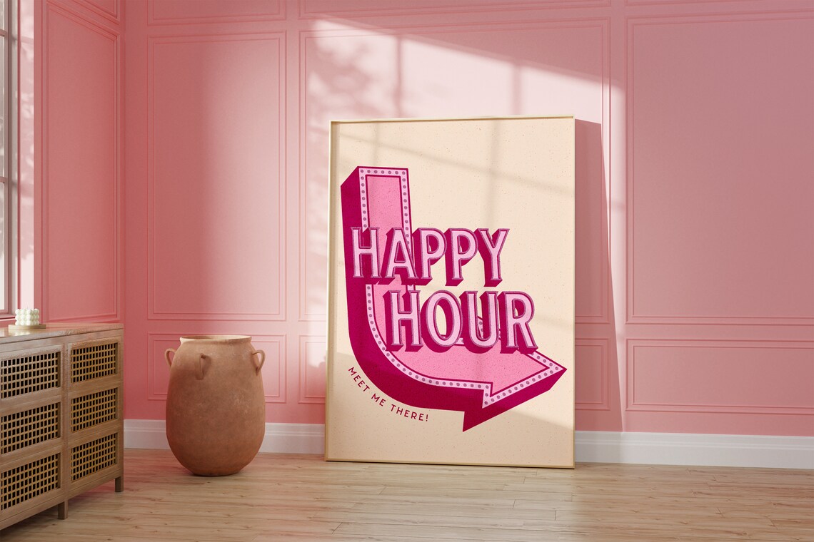 Happy Hour Meet Me There Retro Arrow Sign Pink Bar Cart Poster - Image 2