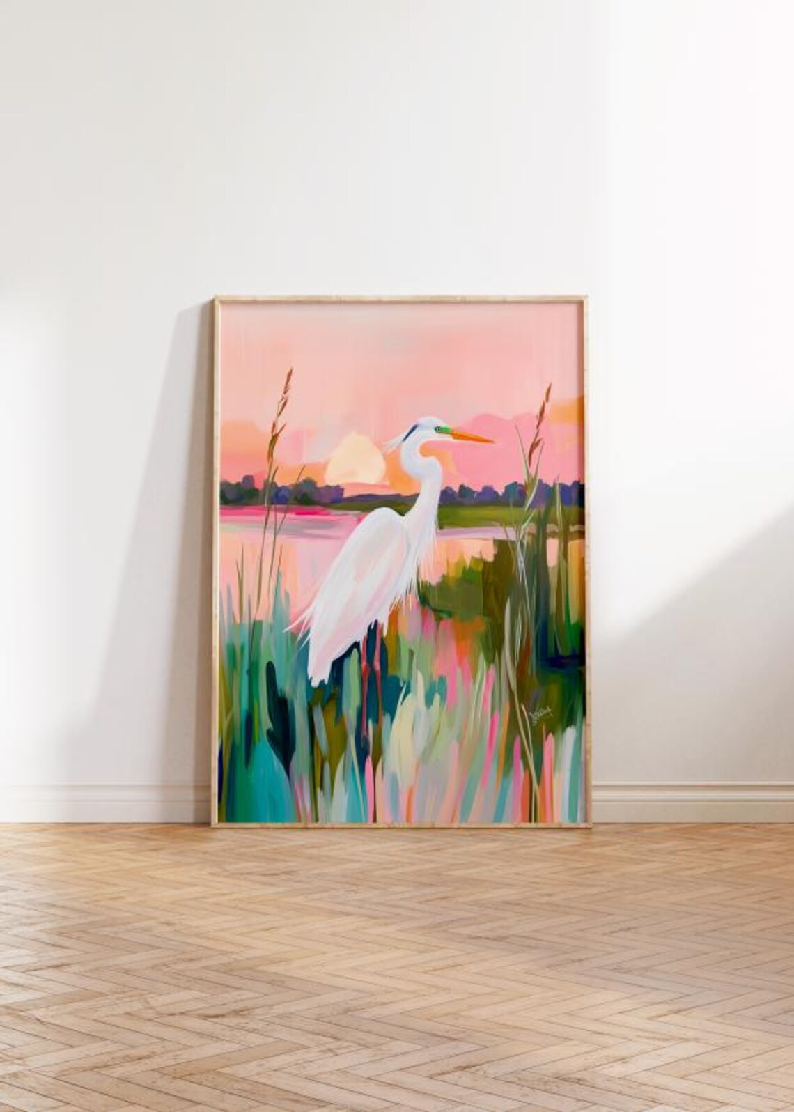 Blue Heron Marsh Art Print, Pastel Coastal Style