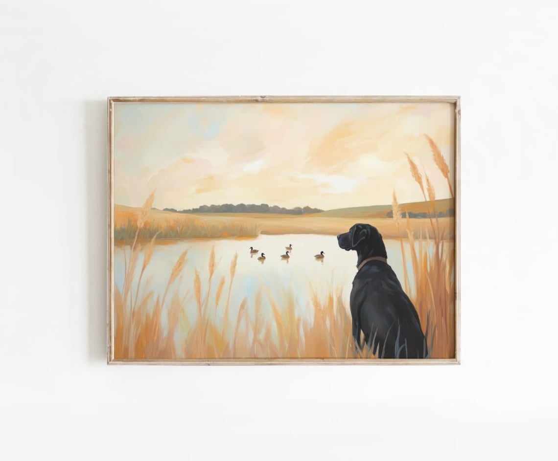 Black Labrador Retriever at Golden Marsh Lake Farmhouse Dog Art Poster