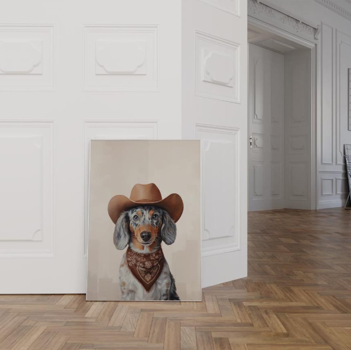 Cute Dachshund Dog in Cowboy Hat and Bandana Western Art Print