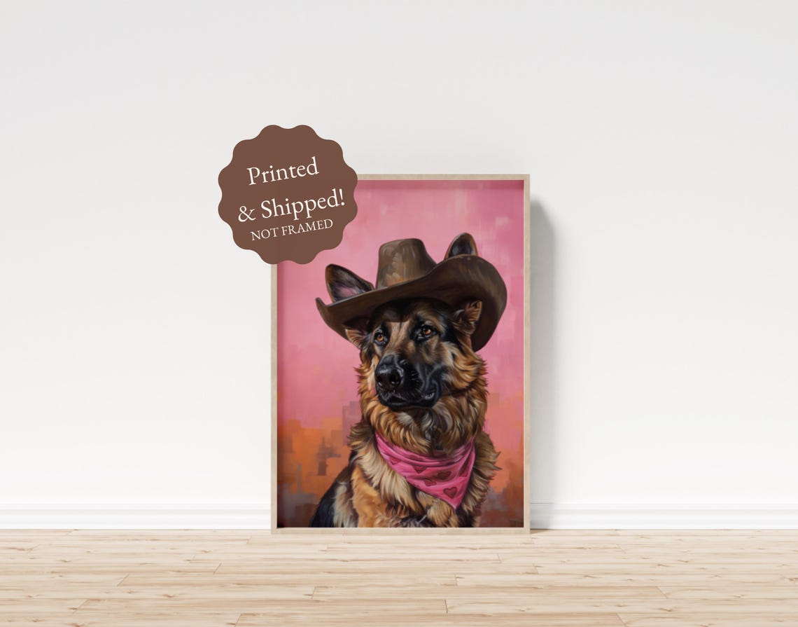 German Shepherd Cowboy Hat Pink Bandana Western Dog Art Poster