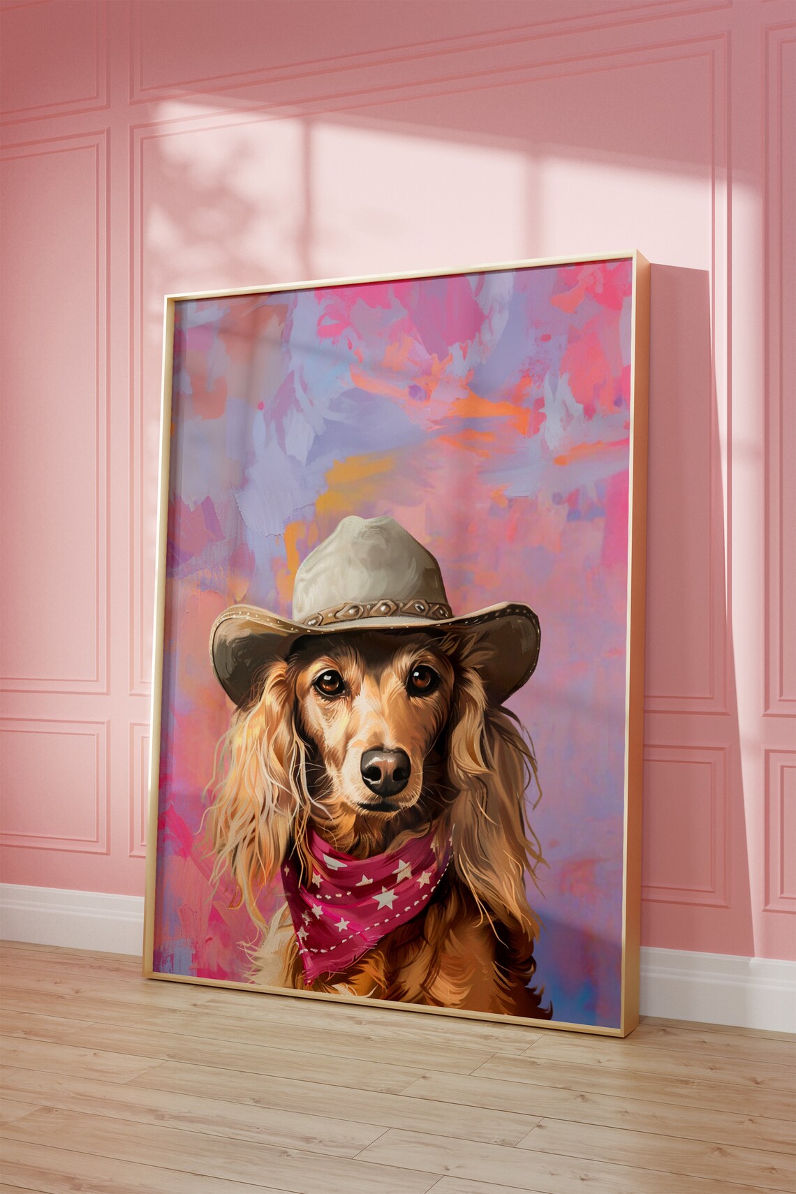 Long Haired Dachshund in Cowgirl Hat Pink Bandana Colorful Poster