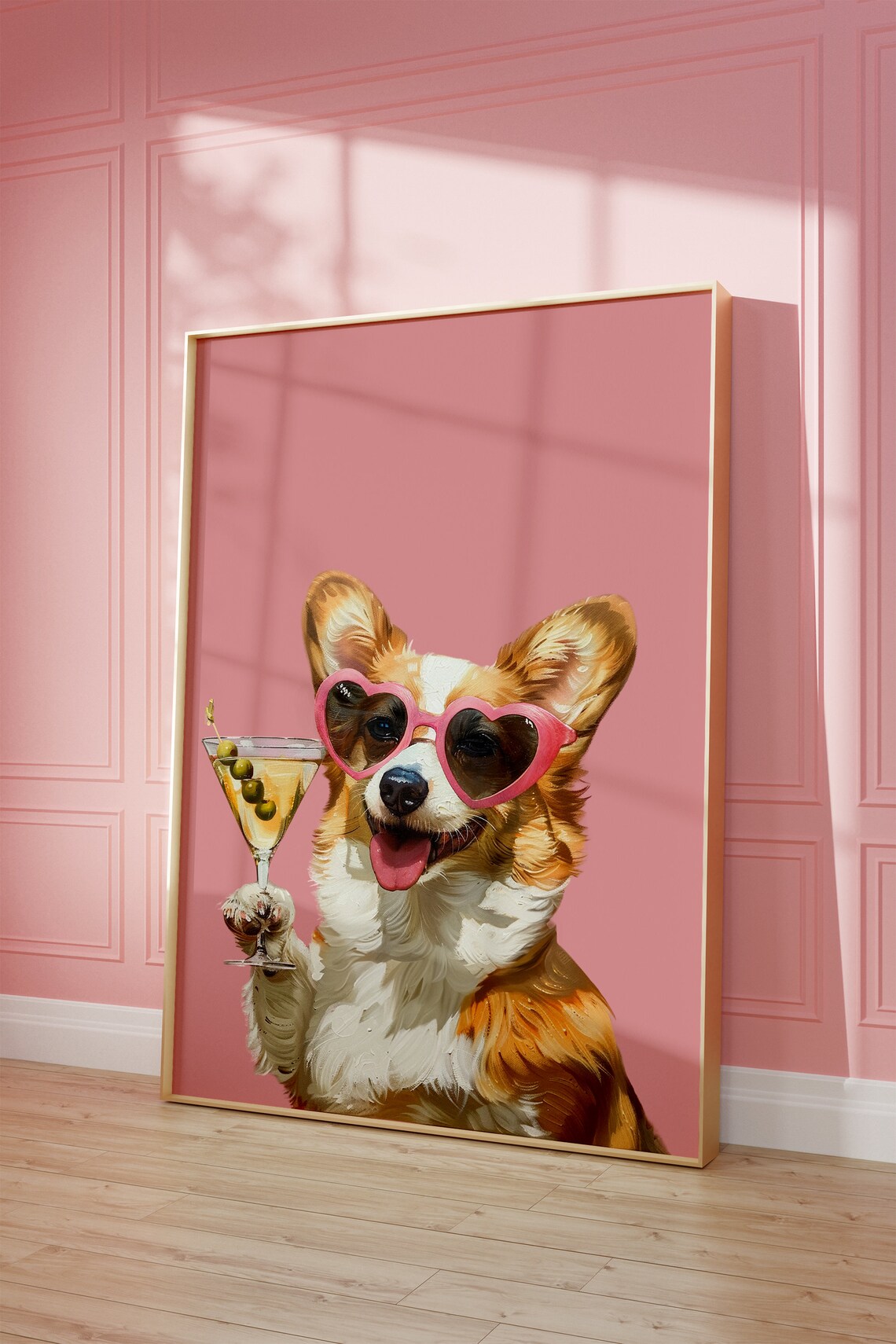 Pink Corgi Martini Funky Preppy Dog Art Print